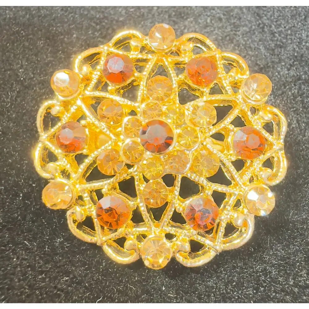 Vintage Gold-Tone Amber & Topaz Rhinestone Filigree Brooch Floral Statement Pin